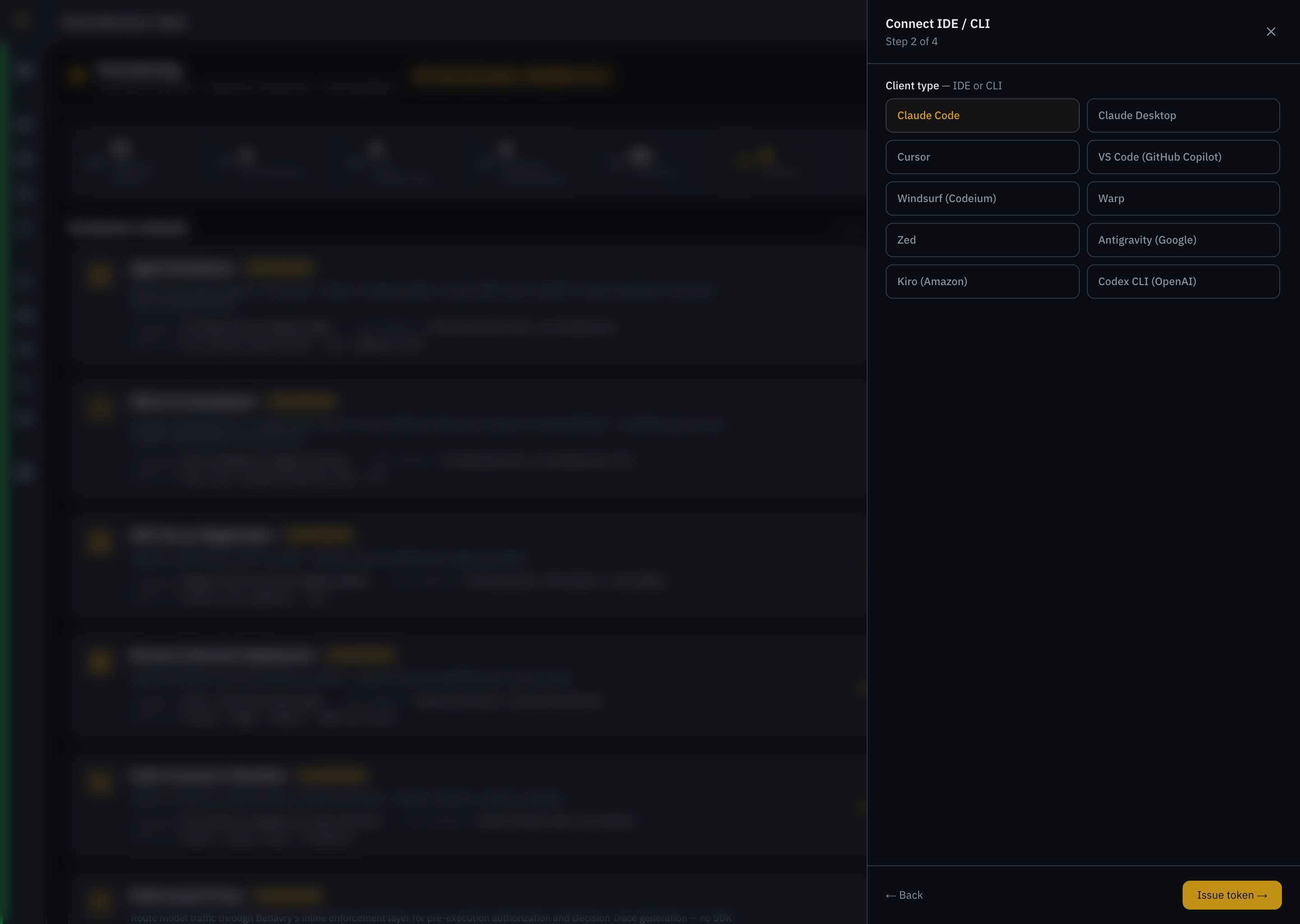 Connect IDE / CLI — tool picker