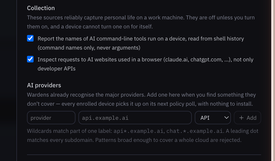AI providers in the Behavry Wardens drawer